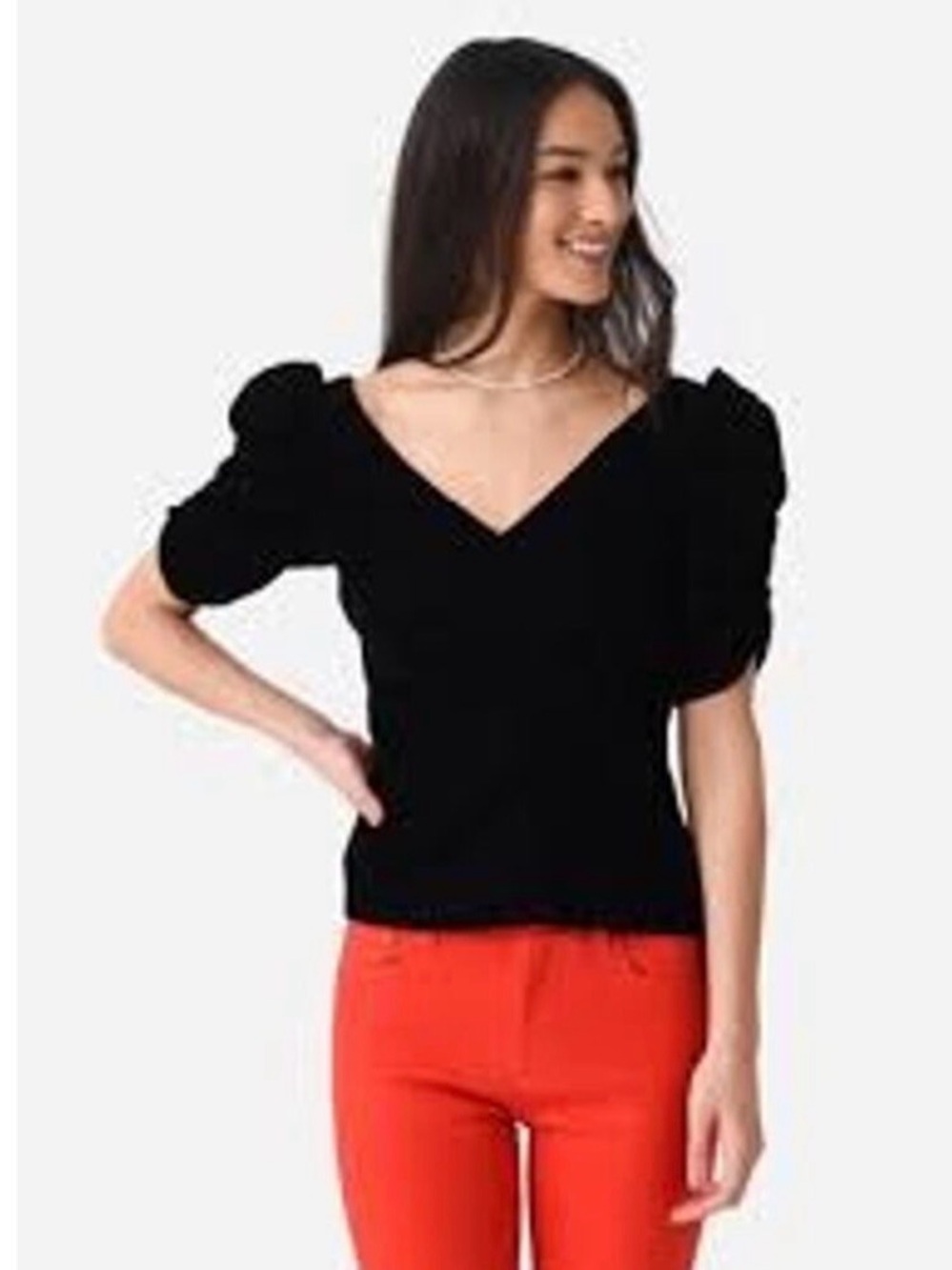 Frame Denim Black Velvet V-Neck Puff-Sleeve Top